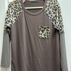 Staccato Brown Leopard and Stripe Long Sleeve Top